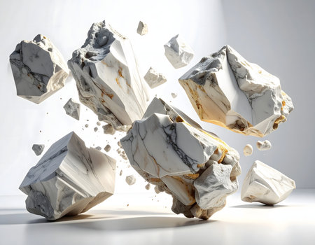 3d illustration of white marble pieces falling in the air on white backgroundの素材