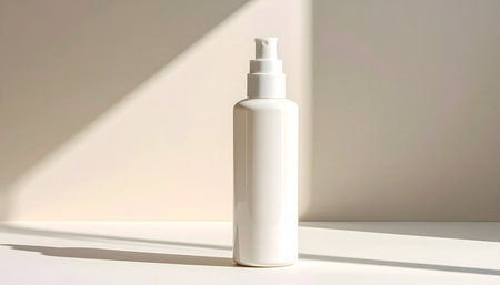White cosmetic bottle on a white background with shadow from the sun.の素材