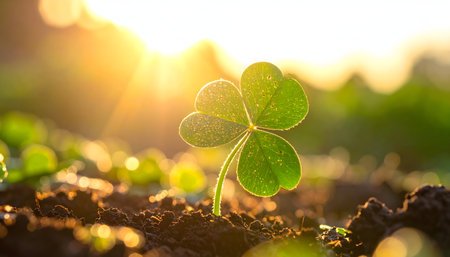 Green clover leaf with sunbeams and bokeh backgroundの素材