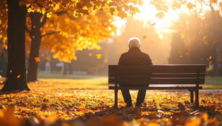 Senior man sitting on bench in autumn park, looking at the sunの素材