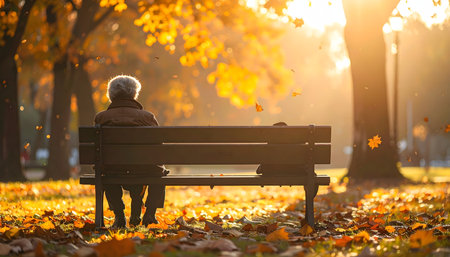 Senior woman sitting on a bench in the park and enjoying autumn natureの素材