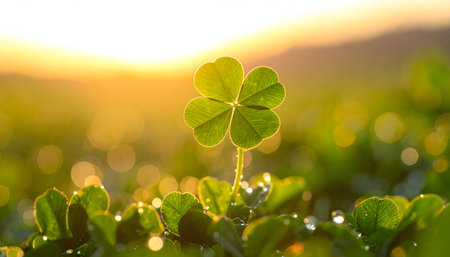 Green clover leaf on sunset background. Happy St. Patrick's Day.の素材