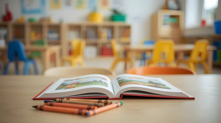 Close up of books and pencils on wooden table in classroom.の素材
