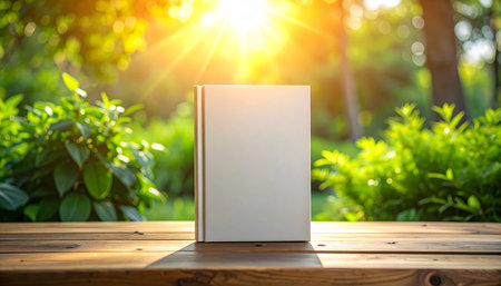 Blank book on wooden table in the garden with sunlight background.の素材