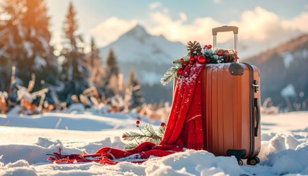Suitcase with straw hat on the beach at sunset time.の素材