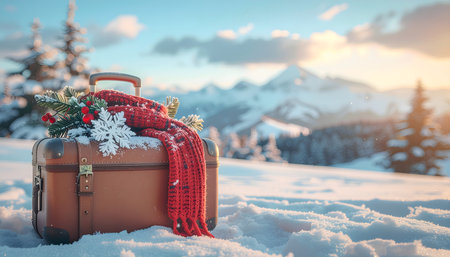 Suitcase with red scarf and christmas decoration on snow in mountainsの素材