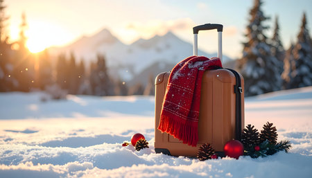 Colorful suitcase with hat on the sandy beach. Summer vacation conceptの素材