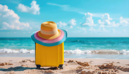 Vintage travel suitcase and hat on the beach. Black and whiteの素材