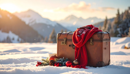 Christmas and New Year holiday background. Vintage suitcase with red scarf and Christmas decorations on snow in mountains.の素材