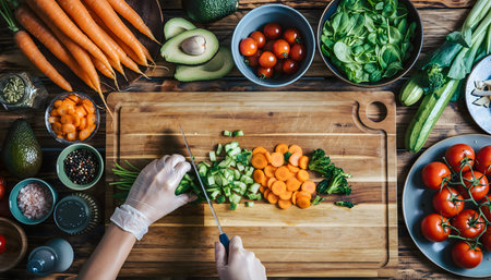 cropped view of woman cutting vegetables on wooden cutting board in kitchenの素材