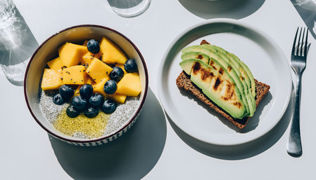 Healthy breakfast. Sandwiches with avocado, mango, blueberries and peanut butter in a bowl on a white table.の素材