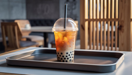 Iced Thai Milk Tea with Bubbles in Plastic Cup on Tableの素材