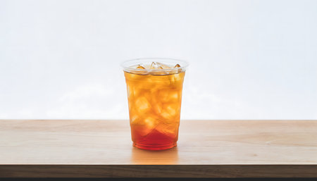 iced tea on wood table and white wall background - soft focus pointの素材