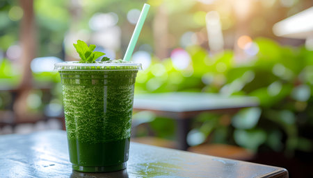 Green smoothie in plastic cup with straw on table in cafe.の素材