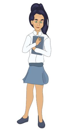 Cute schoolgirl with a book in her hands. beginning of the school year. September 1. going to the library. dictionary or reference book in hands. love of learning. reading as a hobbyのイラスト素材