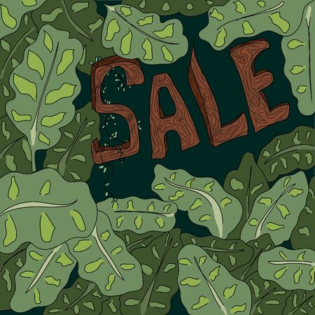 Discount pattern with large tropical leaves. sale announcement. black friday. promotions and discounts. online shopping, discount purchases.のイラスト素材