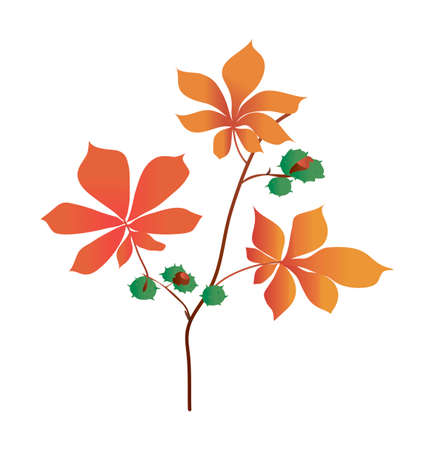chestnut branch in gradient color. autumn foliage. texture gradient. vector. detail for printing and postcards. chestnut foliage and nutsのイラスト素材