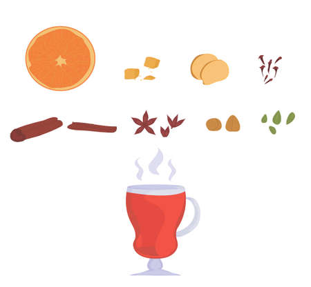 set for mulled wine. glass of mulled wine. recipe for making a hot drink from wine with spices. doodles isolates. poster for cafe and restaurant menu. winter and autumn season. vectorのイラスト素材