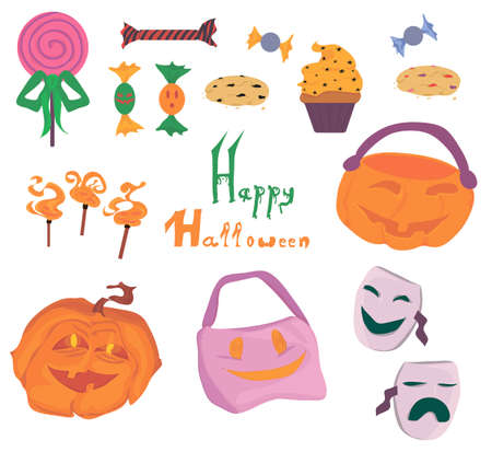 set of doodles isolates for halloween: pumpkins, candies and sweets, lettering, magic items, candy collection bags, theater masks. halloween celebration. vector. icons. stickersのイラスト素材