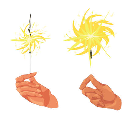 sparklers in hands. hands and fingers. festive mood, celebration. New year's night. sparkle. vector isolatedのイラスト素材