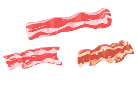 set of bacon icons on a white background. raw smoked and toasted bacon. vector. ingredients for cooking, cafe and restaurant menus. meat products. fresh and fried beconのイラスト素材