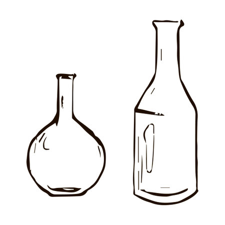 two bottles in black and white graphics on a white background. simple monochrome illustration. glassware for the bar. vector.のイラスト素材