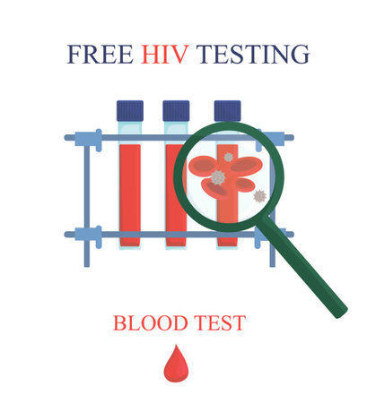 Free HIV Testing AIDS Poster with blood, magnifying glass and blood cellsのイラスト素材