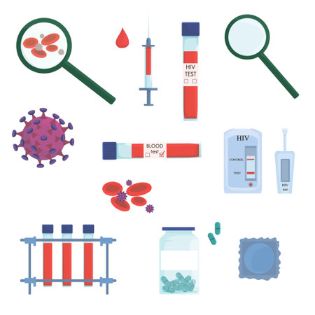 set of HIV virus icons, passing AIDS tests, test tubes with blood, syringe, hemoglobin, immunodeficiency virus, magnifier, self-test, pills and contraceptives. vector. flat. isolated medical instruments, laboratoryのイラスト素材