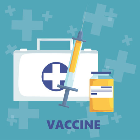 vaccine: medical illustration for web design with a syringe with a vaccine, a medicine bottle and a first aid kit on a blue background with abstract crosses. Vaccination concept. Flat vector. isolatedのイラスト素材
