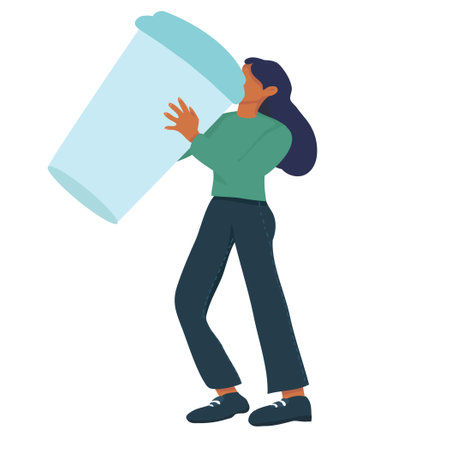 little man with a large glass of coffee or tea. A faceless girl with blue hair drinks from a large plastic glass. vector flat. isolatedのイラスト素材