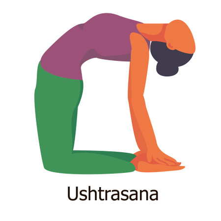 a dark-skinned girl performs the yoga pose "Ushtrasana" (camel pose). yoga tutorial. fitness, sports. realistic figure. flat. isolated. instruction. pose for beginnersのイラスト素材