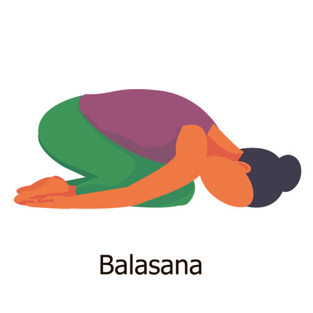 a dark-skinned girl performs the yoga pose "Balasana" (the childs pose). yoga tutorial. fitness, sports. realistic figure. flat. isolated. instructionのイラスト素材