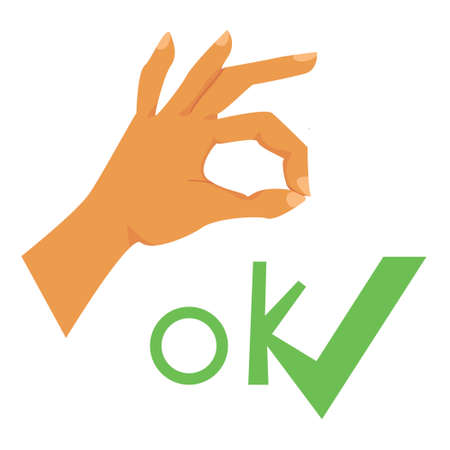 hand gesture "ok". hand sign "good". inscription. green jackdaw. flat. isolated. vector.のイラスト素材