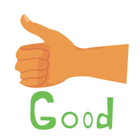 thumbs up. hand gesture "class". hand sign "good". inscription. green text. flat. isolated. vector.のイラスト素材