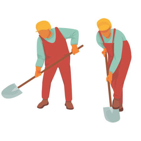 man in uniform digs from two foreshortening: front and side. builder in a yellow cap. farmer in overalls. vector flat. isolated. Man in hat and agricultural uniform works on a farm or construction site with equipmentのイラスト素材