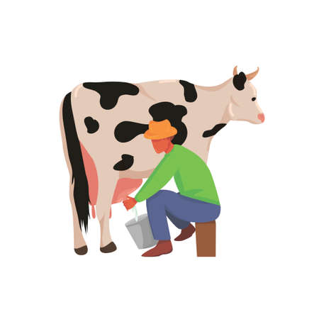 farmer milks a cow. milking a cow. breeding cows. ranch or farm. cattle. production of dairy products. vector flat. isolated.のイラスト素材