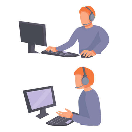man speaks into a microphone in front of a computer: side and front. service center employee. online help. vector flat. isolated.のイラスト素材