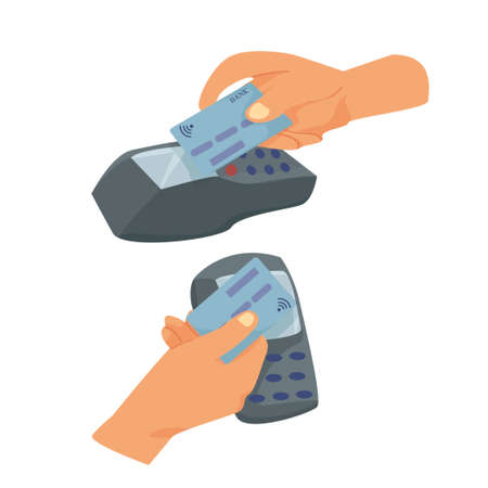 icons illustration payment by card. contactless payment. online purchase. hands put a bank card to the terminal. vector flat. isolated.のイラスト素材