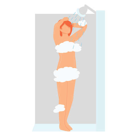 girl takes a shower on a white background. vector flat. rest and hygiene. isolatedのイラスト素材