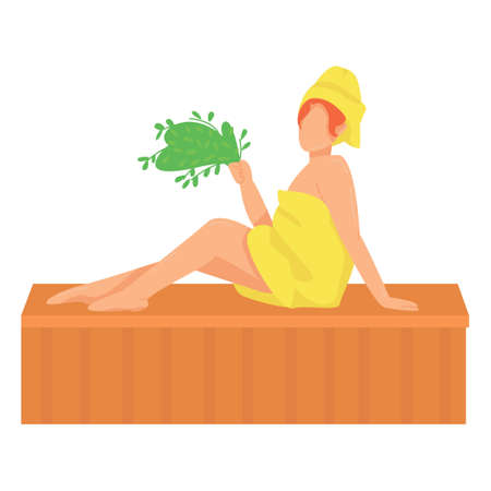 girl in a bathrobe and a towel with a bath broom in her hands sits in a sauna on a white background. vector flat. rest and hygiene. sauna and baths concept. Finnish bath. Russian sauna.のイラスト素材
