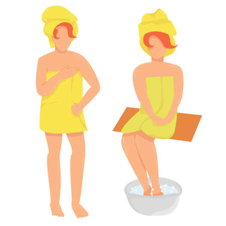girl in a yellow bathrobe-towel on a white background stands and sits. vector flat. rest and hygiene. isolatedのイラスト素材