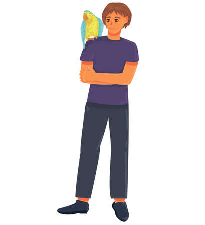 guy with a blue and yellow parrot on his shoulder. happy pet owners. pet Shop. exotic pets. Ara ararauna. vector flat. isolatedのイラスト素材