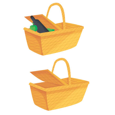 wicker picnic basket on a white background. hiking fruit basket. romantic date in nature. vector flat. isolatedのイラスト素材