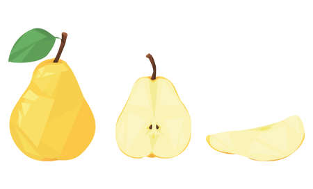 yellow pear isolated on white background. whole pear, half and slice of pear. geometric style. fresh fruit. flat vector.のイラスト素材