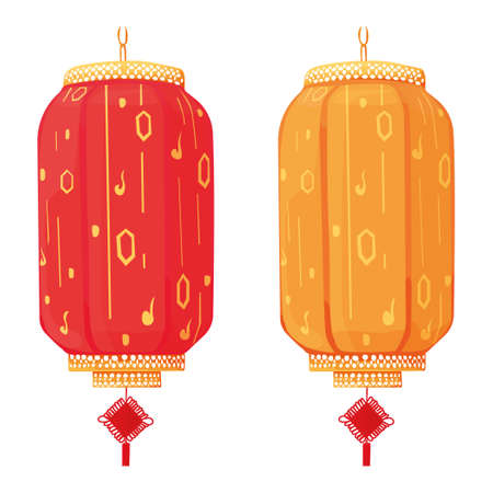 oblong hanging chinese lanterns isolated on white background. lunar new year. gold. yellow and red colors. Chinese culture. Asia. Chinatown. vector flat. amulet for good luck and happinessのイラスト素材