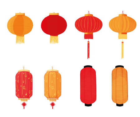 set of different hanging Chinese lanterns. Asia. Asian culture and decor. Chinese New Year. lantern festival. flat vector isolated on white background. red and gold colors.のイラスト素材