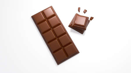 3d illustration of yummy chocolate pieces and bar on white backgroundの写真素材