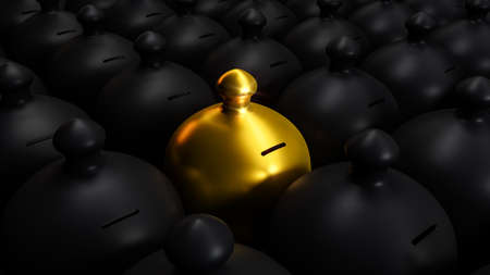 Money saving bank, Gold Gullak gulak coin box in between of many black clay coin box Money saving concept 3d rendering 3d illustrationの写真素材