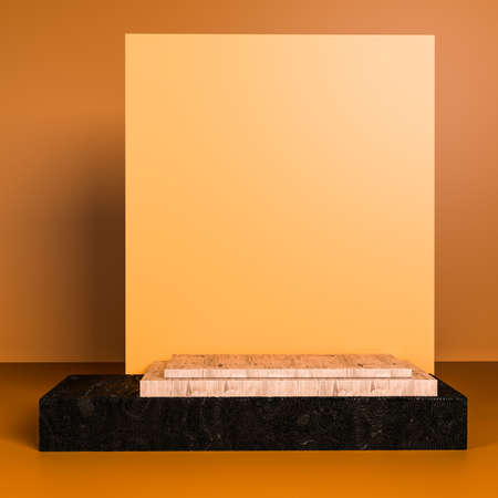 Background podium orange black abstract minimalistic geometry, minimal geometric shapes interior, object placement, abstract background room, 3d rendering 3d Illustration wood panel box displayの写真素材