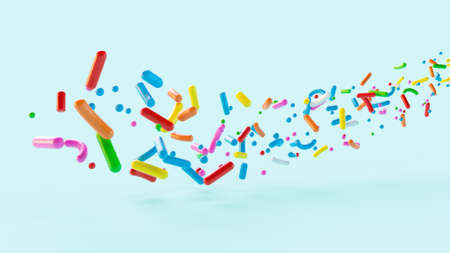 Colorful yummy sprinkles flowing in the air sky blue background. Copy space 3d rendering 3d illustrationの写真素材